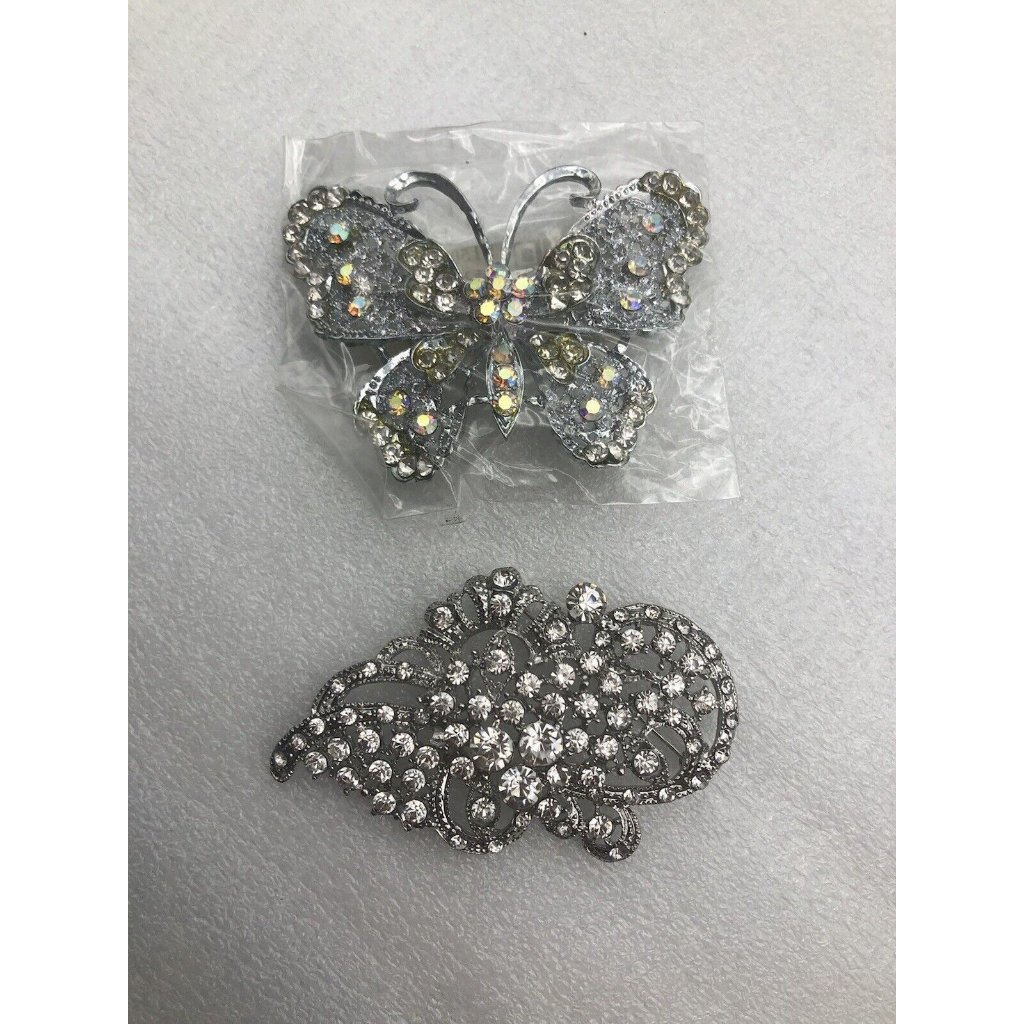 Fashion Brooch Pin Bridal Wedding Elegant 3” Sparkle Silver Clear Crystal Lot 2